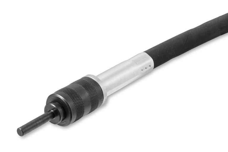 Flexible shaft tool with black hose, silver metal body, and knurled black chuck holding a steel rod.