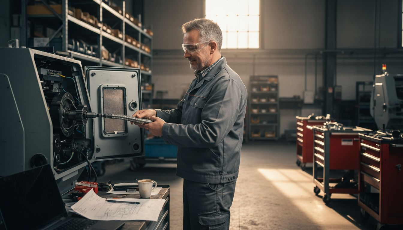 A man in safety glasses installing a metal part into a machine, with a laptop and plans visible on a nearby table in a factory setting.