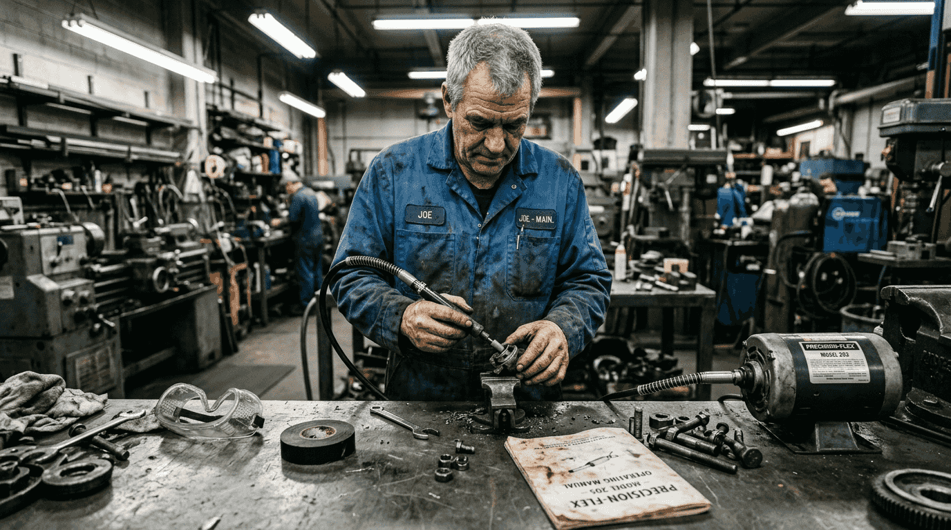 Technician using a flexible shaft tool on a metal part clamped in a vise, with a motor, manual, and other tools on a workbench.