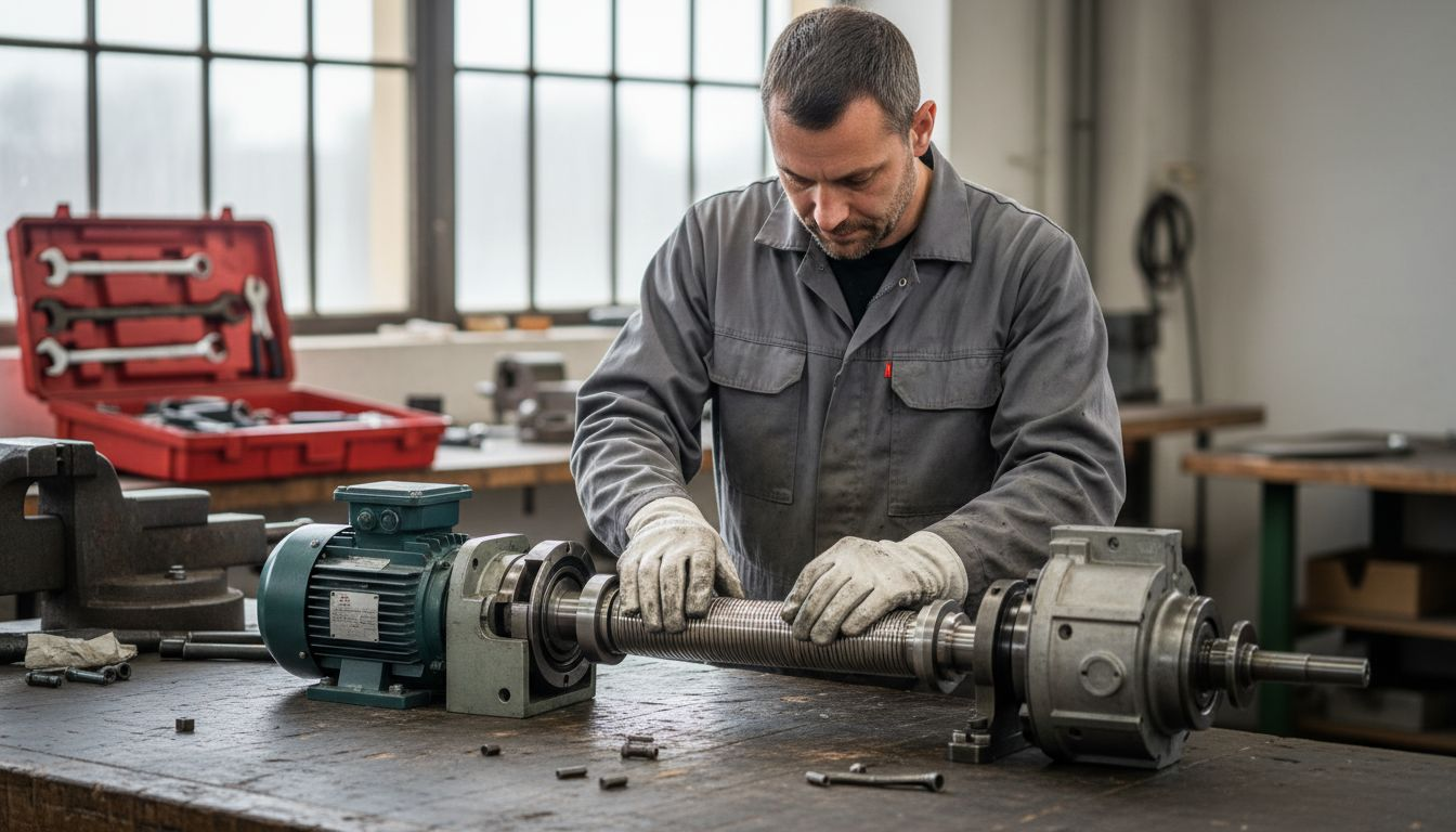 Ein Mechaniker nimmt die Antriebswelle an der Werkbank genau unter die Lupe.