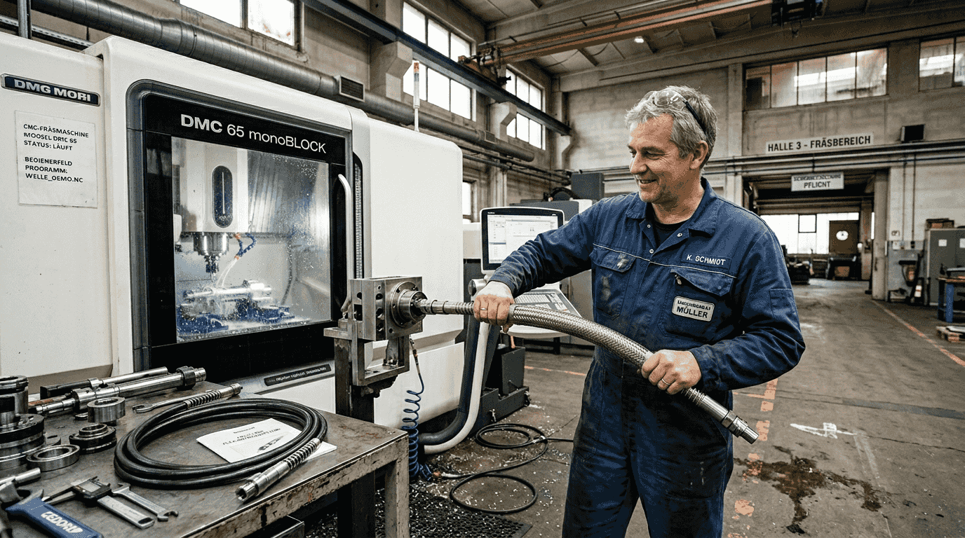 Ein Ingenieur demonstriert, wie flexibel sich ein Antrieb mit einer CNC-Maschine steuern lässt.