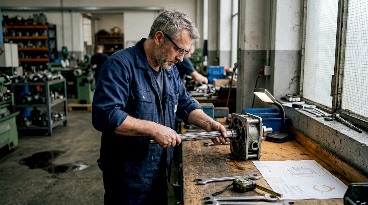 Ein Ingenieur befestigt eine Flexwelle an der Werkbank.