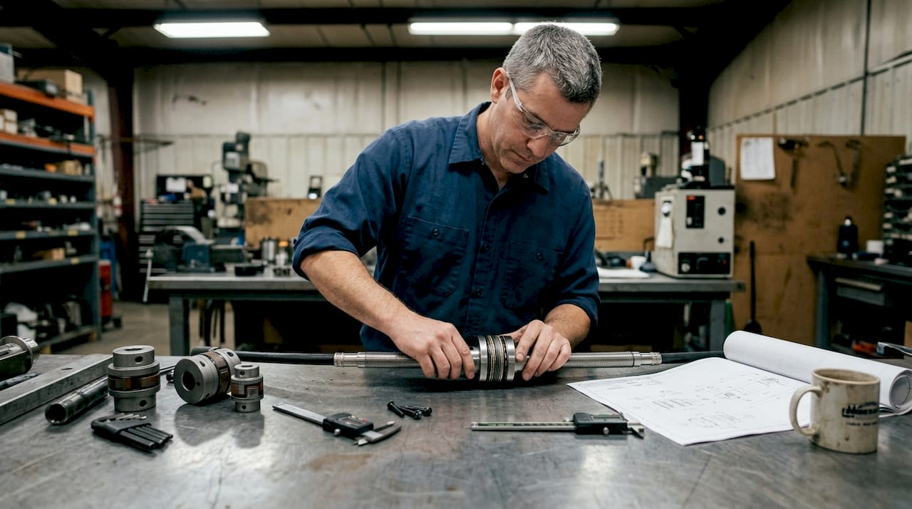 Engineer assembling flexible shaft drive at workbench