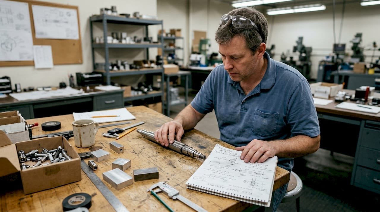 Engineer reviews flexible shaft prototype at office desk