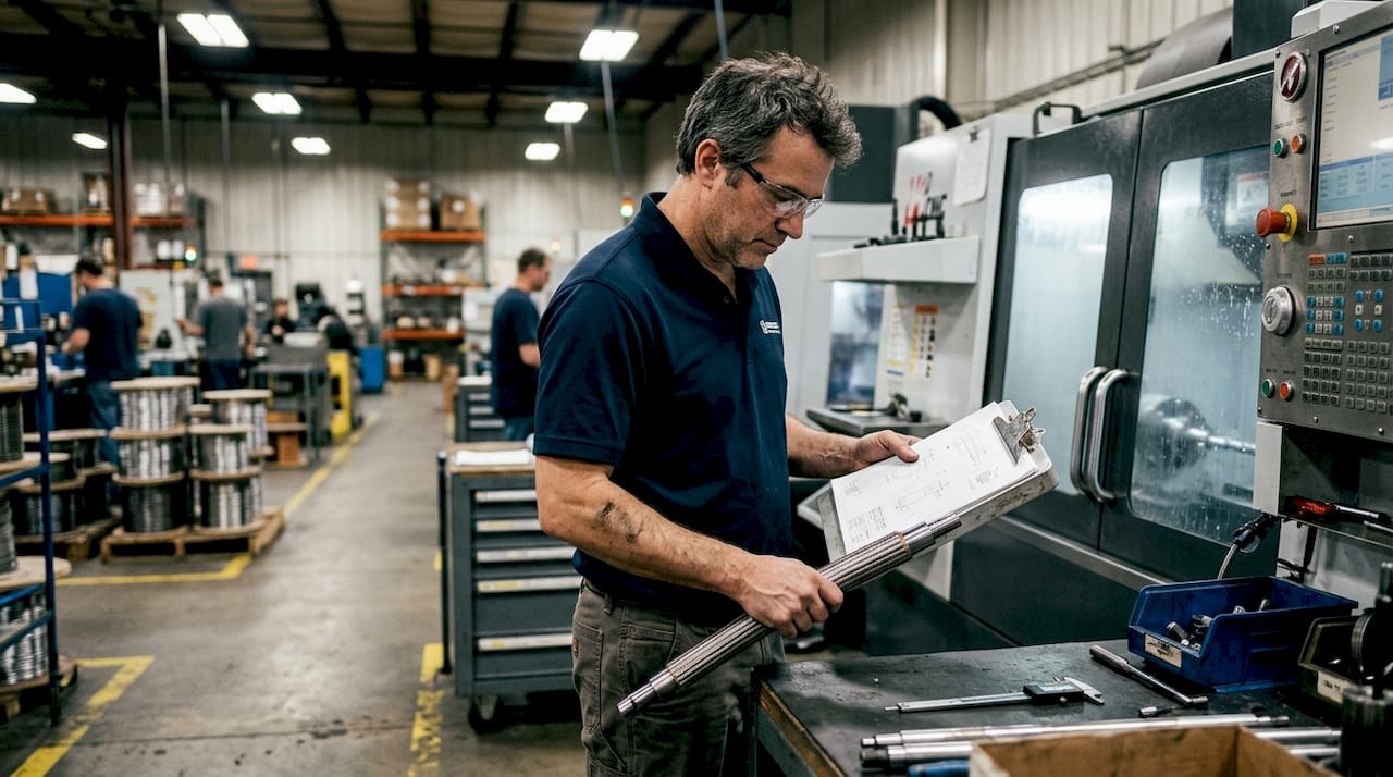 Engineer inspects flexible shaft in factory