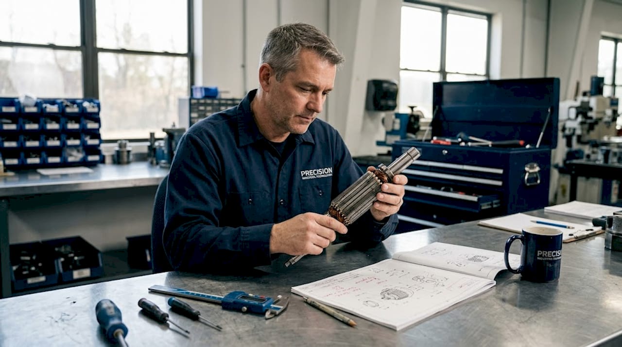 Engineer inspecting flexible drive shaft at workbench