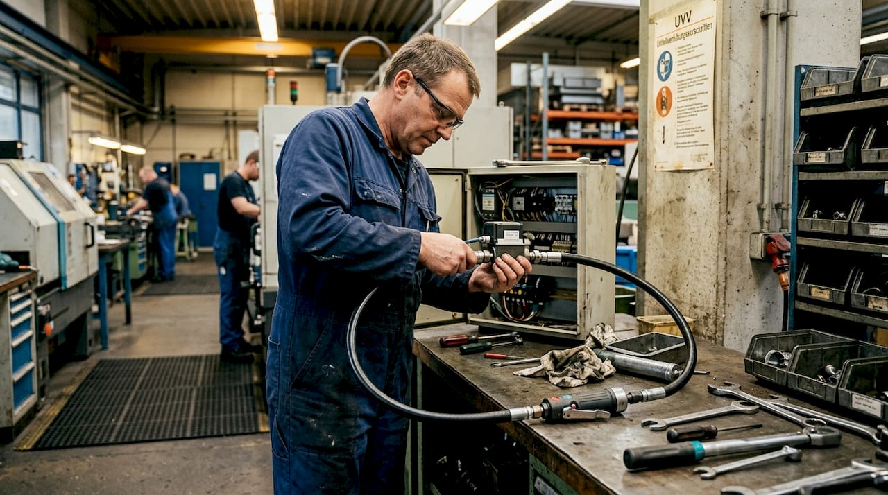 Ein Servicetechniker installiert eine Flexwelle direkt in der Produktionshalle.