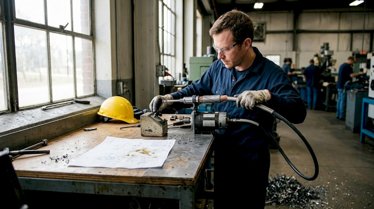 Engineer adjusting flexible shaft tool in workshop