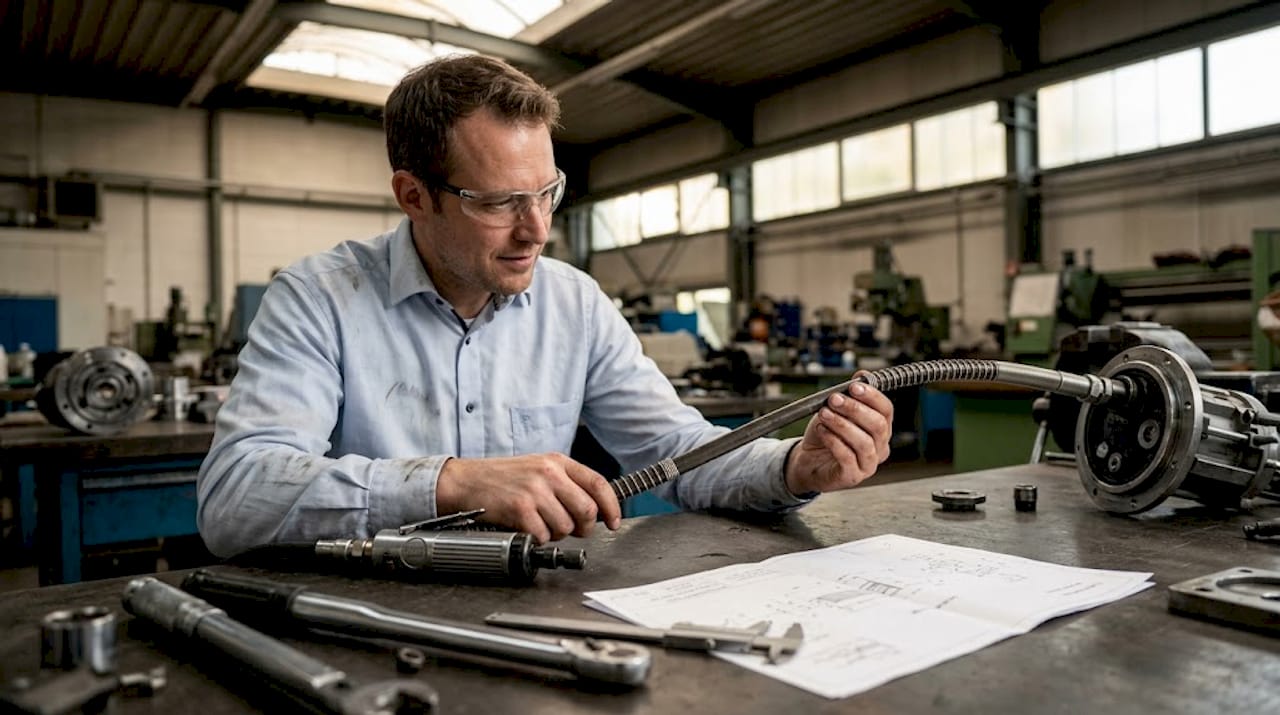 Ein Ingenieur überprüft die Antriebswelle in der Werkstatt.