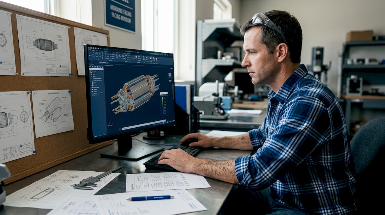 Engineer edits shaft design on CAD monitor