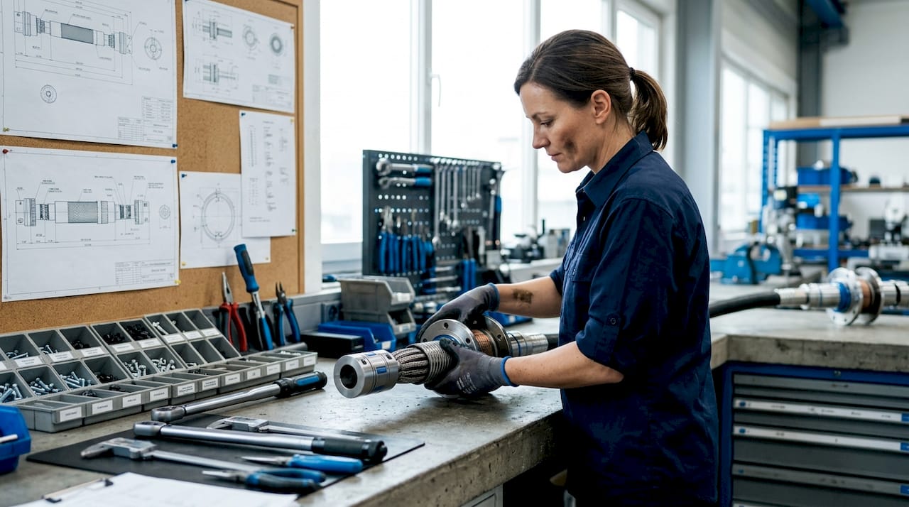 Engineer assembling flexible shaft drive system