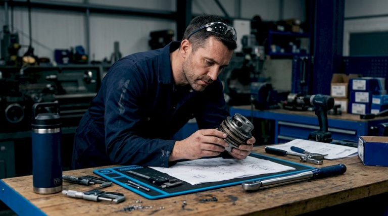 Mechanic inspecting shaft coupling component