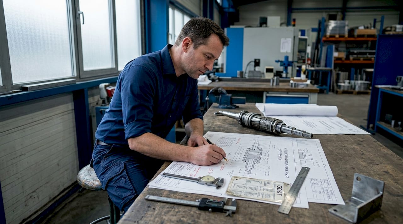 Engineer reviewing machining drawings in office