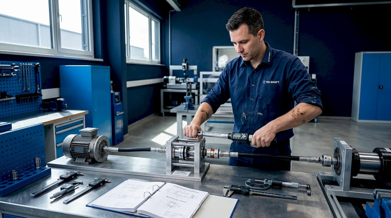Im Labor nimmt ein Ingenieur die Motorwelle genau unter die Lupe.