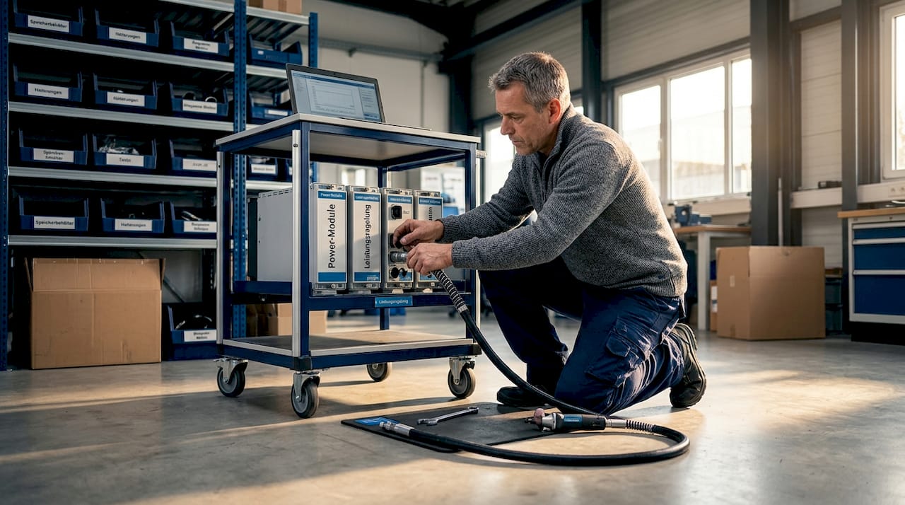 Ein Ingenieur nimmt in der Produktionshalle Feinabstimmungen am modularen Antriebssystem vor.