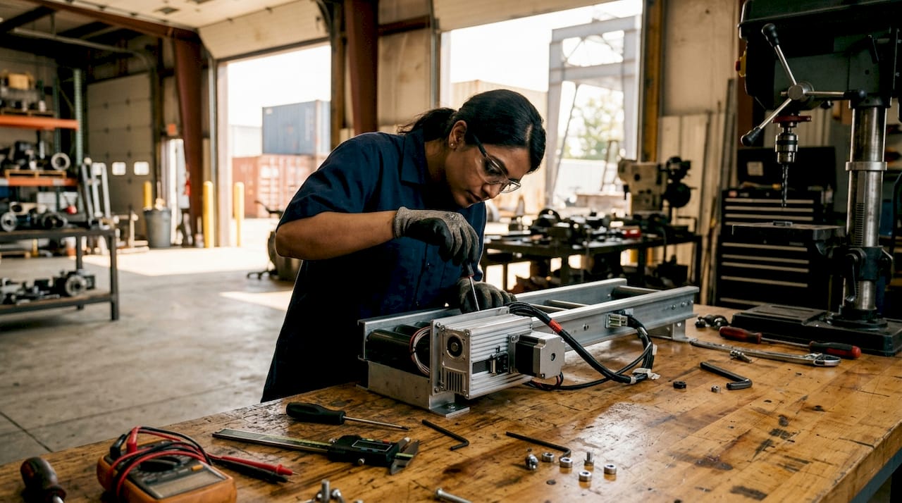 Engineer inspecting compact drive system on workbench