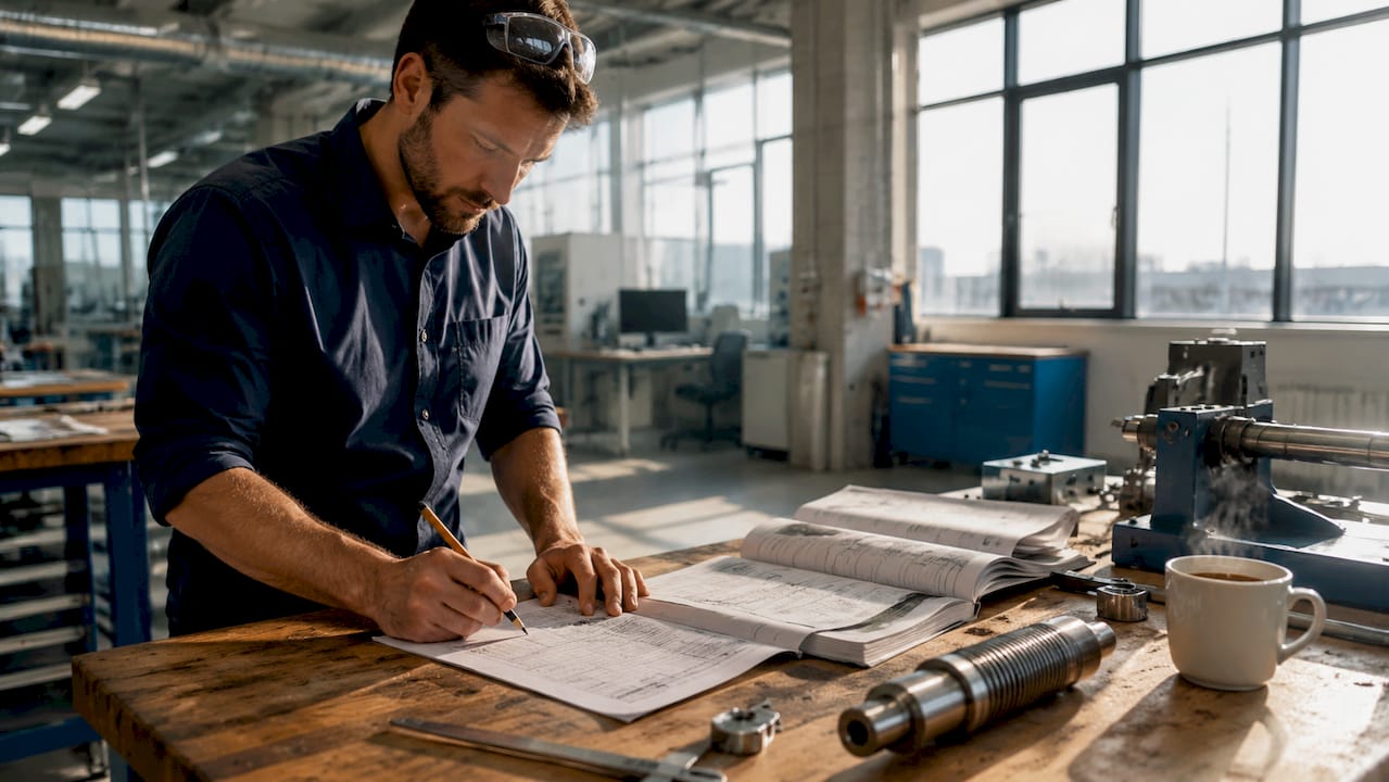 Engineer reviewing mechanical shaft design checklist