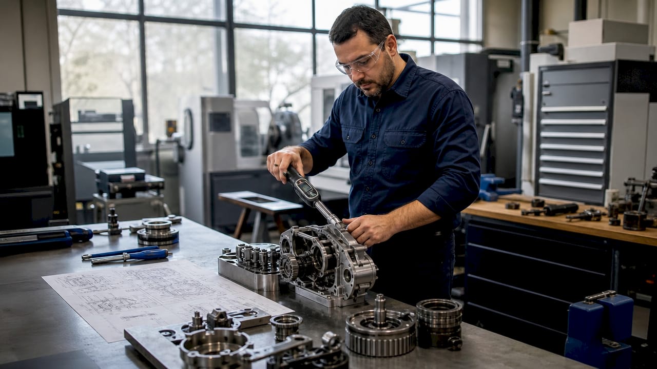 Engineer examining gearbox in bright workshop