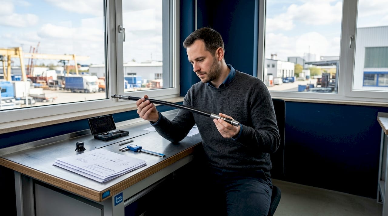 Ein Ingenieur überprüft im Werkstattbereich eine flexible Antriebswelle auf ihre Funktionsfähigkeit.