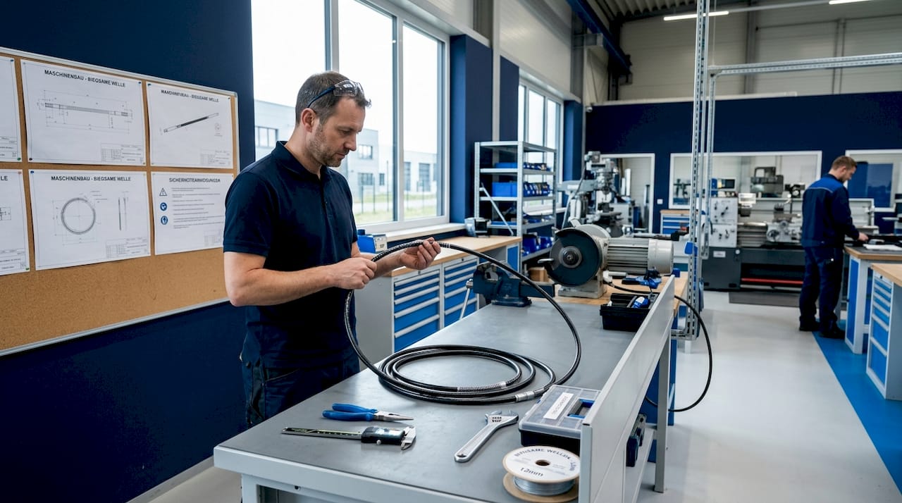 Ein Ingenieur begutachtet eine flexible Welle in der Werkstatt.