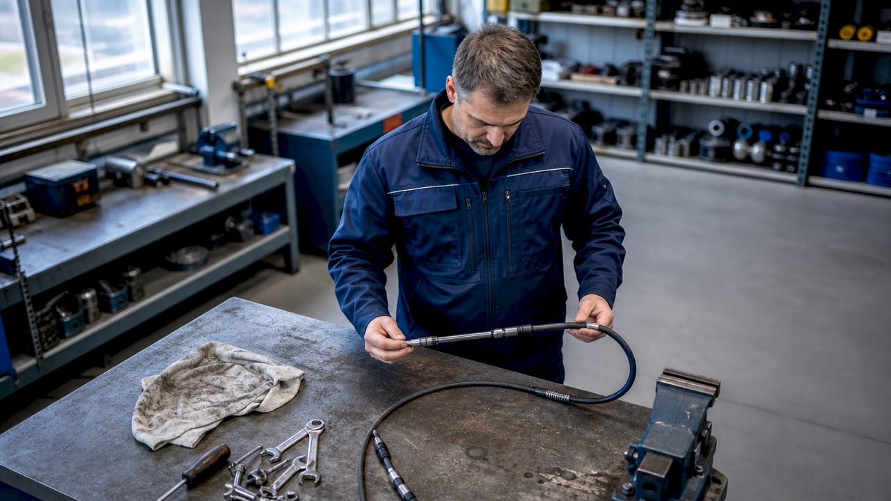 In der Werkstatt nimmt ein Techniker die Flexwelle genau unter die Lupe.