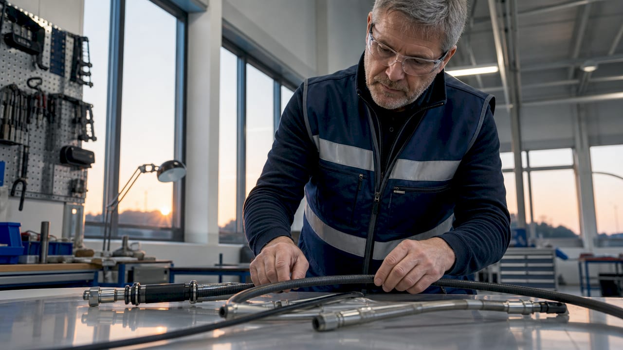 Ein Ingenieur überprüft flexible Wellen in der Werkhalle.