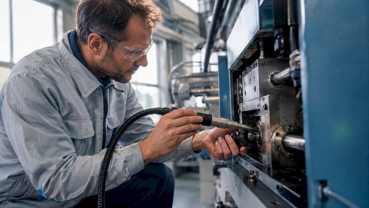 Ein Ingenieur nimmt in der Werkstatt ein Antriebselement aus der Industrie genau unter die Lupe.