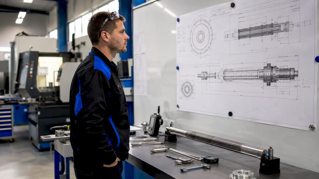 Engineer reviewing custom shaft technical drawing