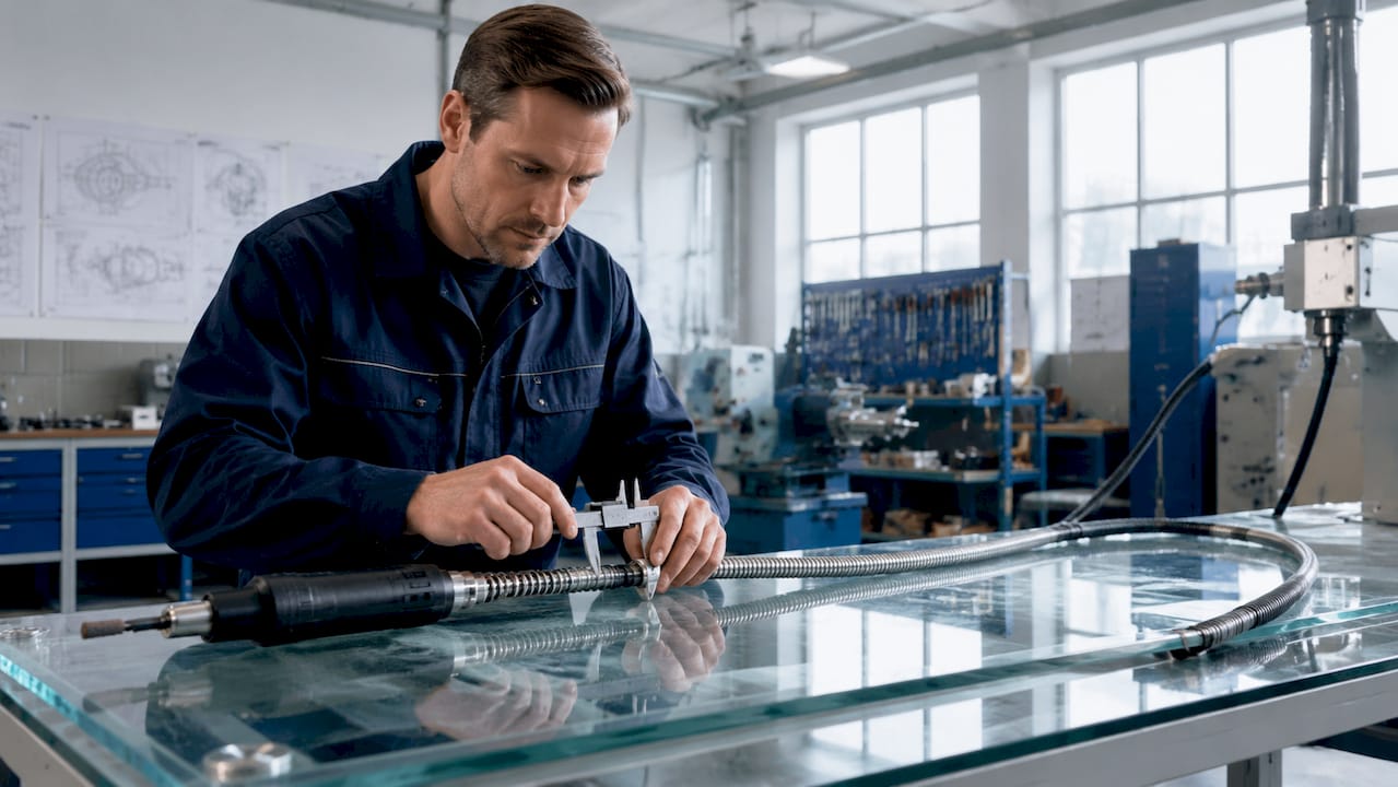 Ein Ingenieur begutachtet eine industrielle Metallwelle auf ihre Qualität und Funktionstüchtigkeit.