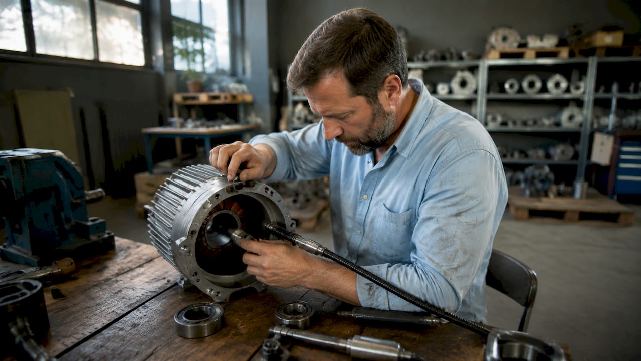 Ein Techniker montiert einen industriellen Elektromotor.
