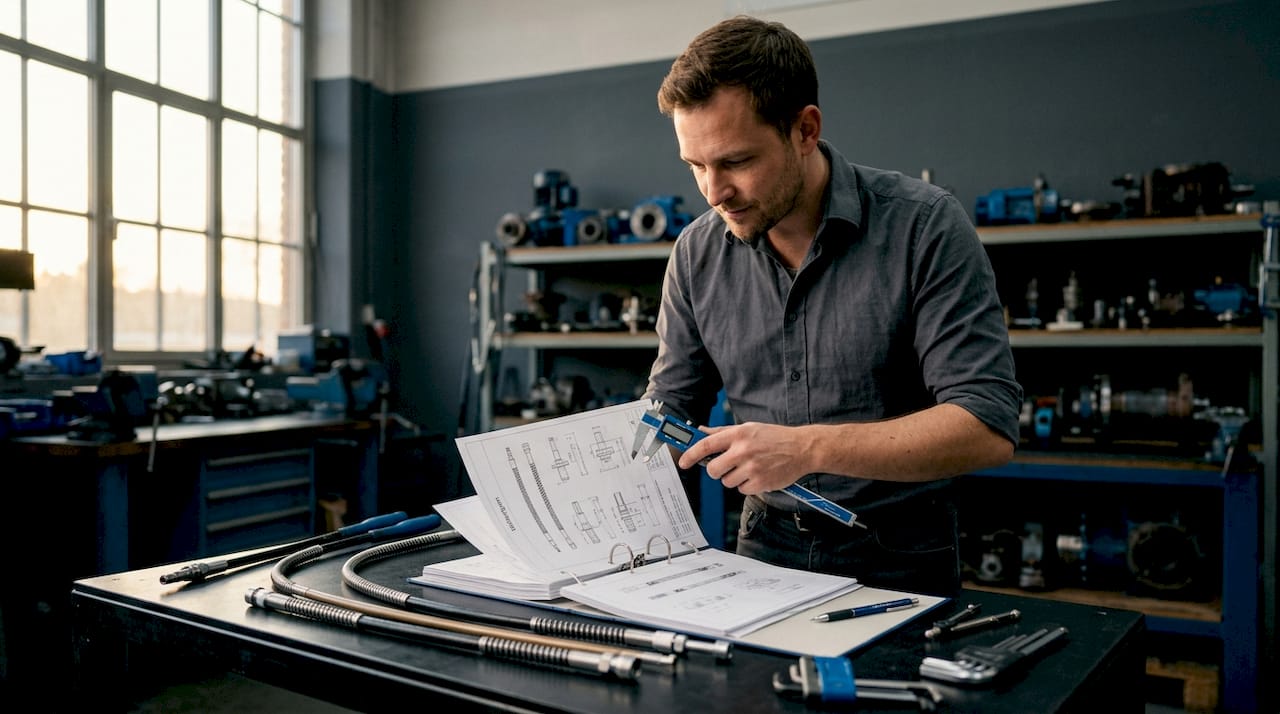Ein Ingenieur begutachtet am Schreibtisch die Konstruktion einer technischen Welle.