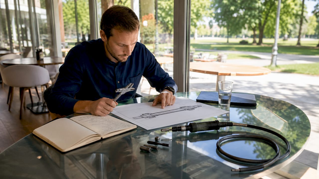 Im Labor prüft ein Ingenieur detailliert die Zeichnungen von Antriebssystemen.