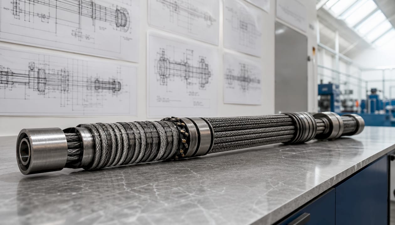 Close-up of multi-layer wound flexible shaft core on workbench