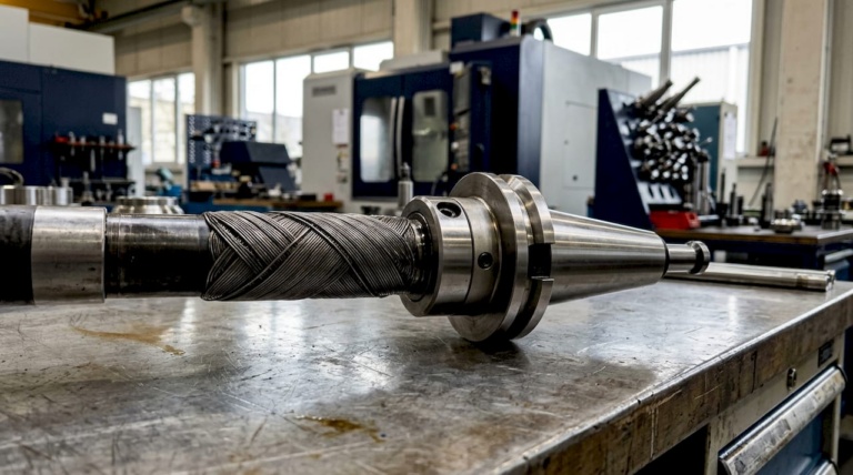 Close-up of spindle-tool holder coupling in CNC machine