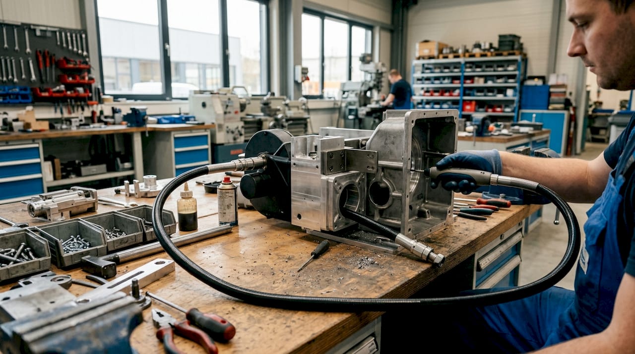 Die flexible Welle ist direkt am Entgratungswerkzeug in der Maschine angebracht.