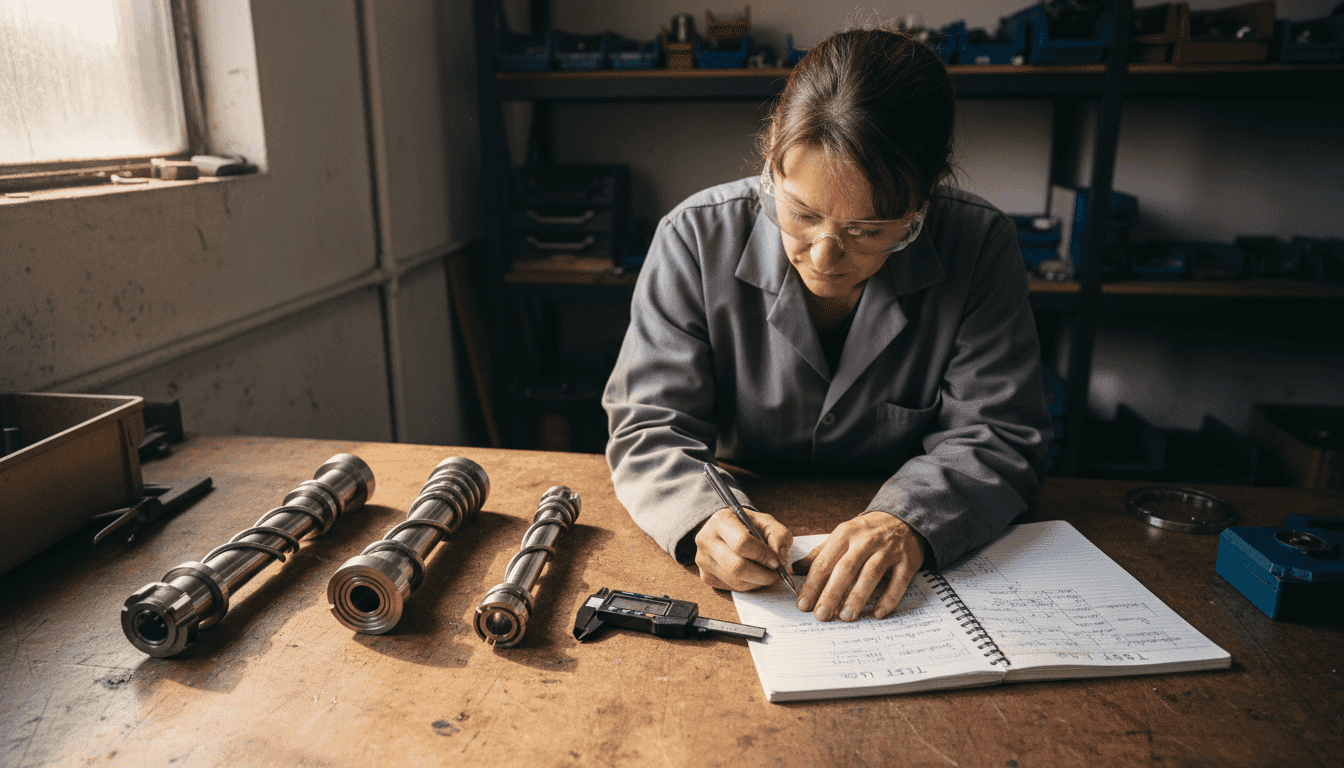 Technician comparing shafts and taking material notes