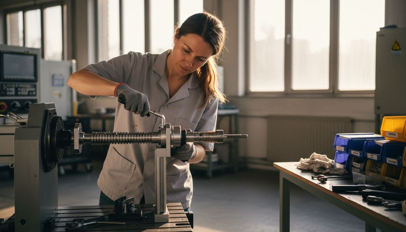 Ein Techniker befestigt eine flexible Welle an einer CNC-Maschine.