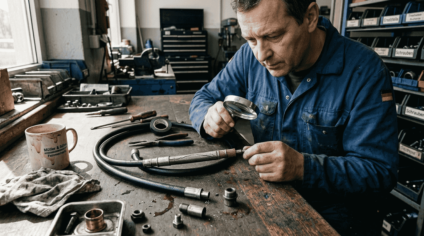Ein Techniker prüft, ob die beschädigte Flexwelle Anzeichen von Materialermüdung aufweist.