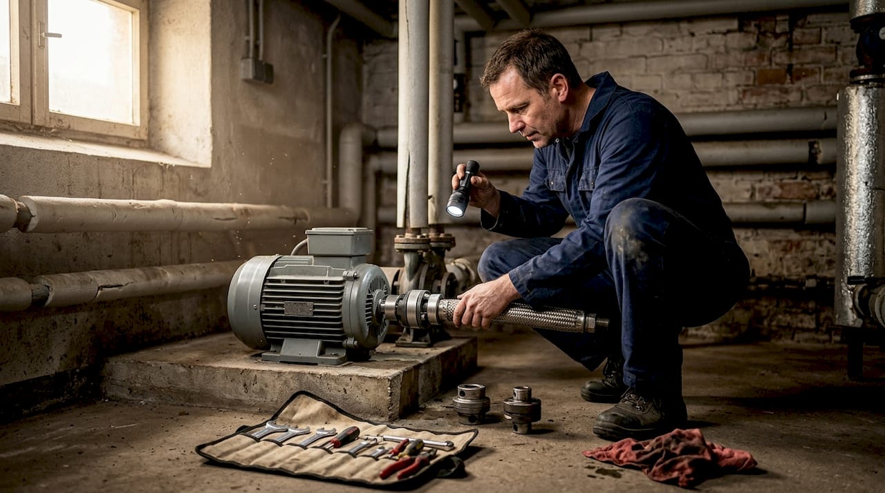 Ein Servicetechniker baut im Maschinenraum eine Flexwelle an der Pumpe ein.