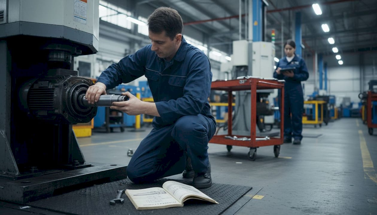 Technician installing flexible shaft under machine
