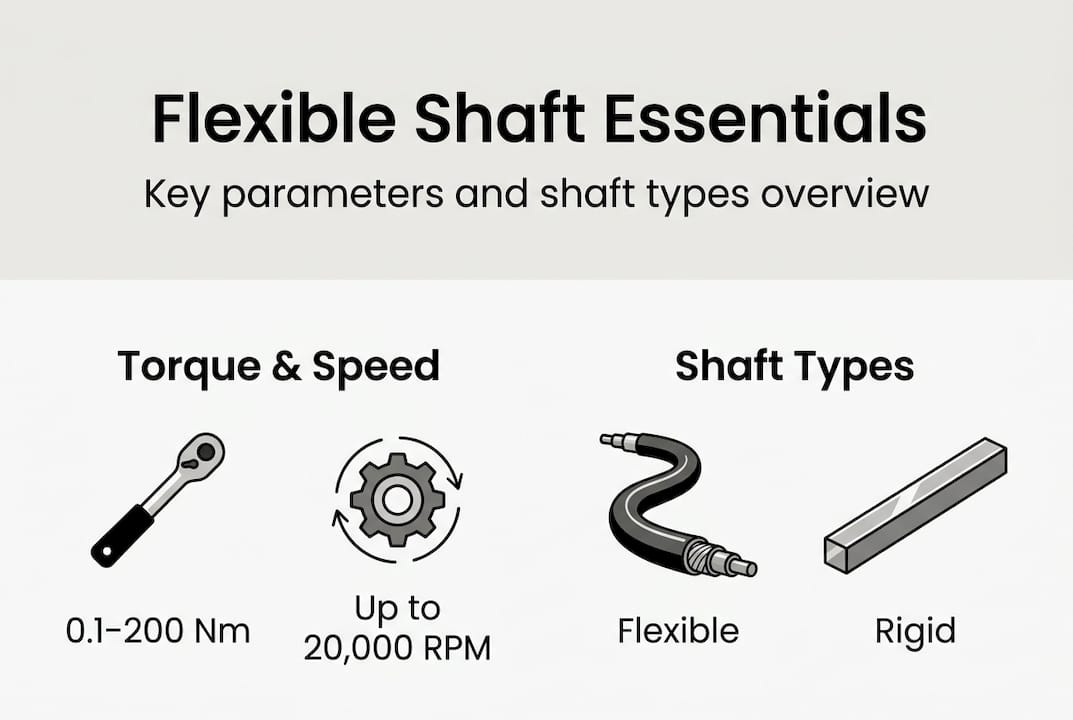 Infographic showing flexible shaft key parameters and types