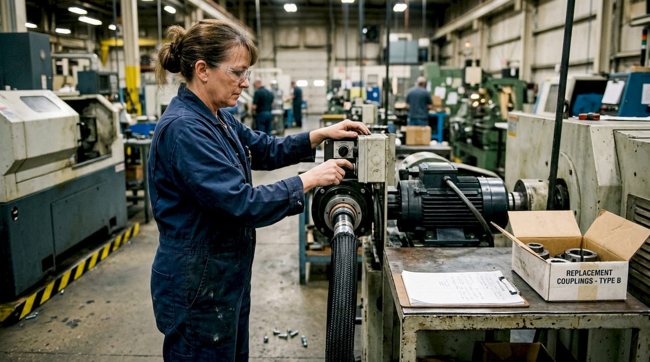 Factory worker using flexible shaft on production line