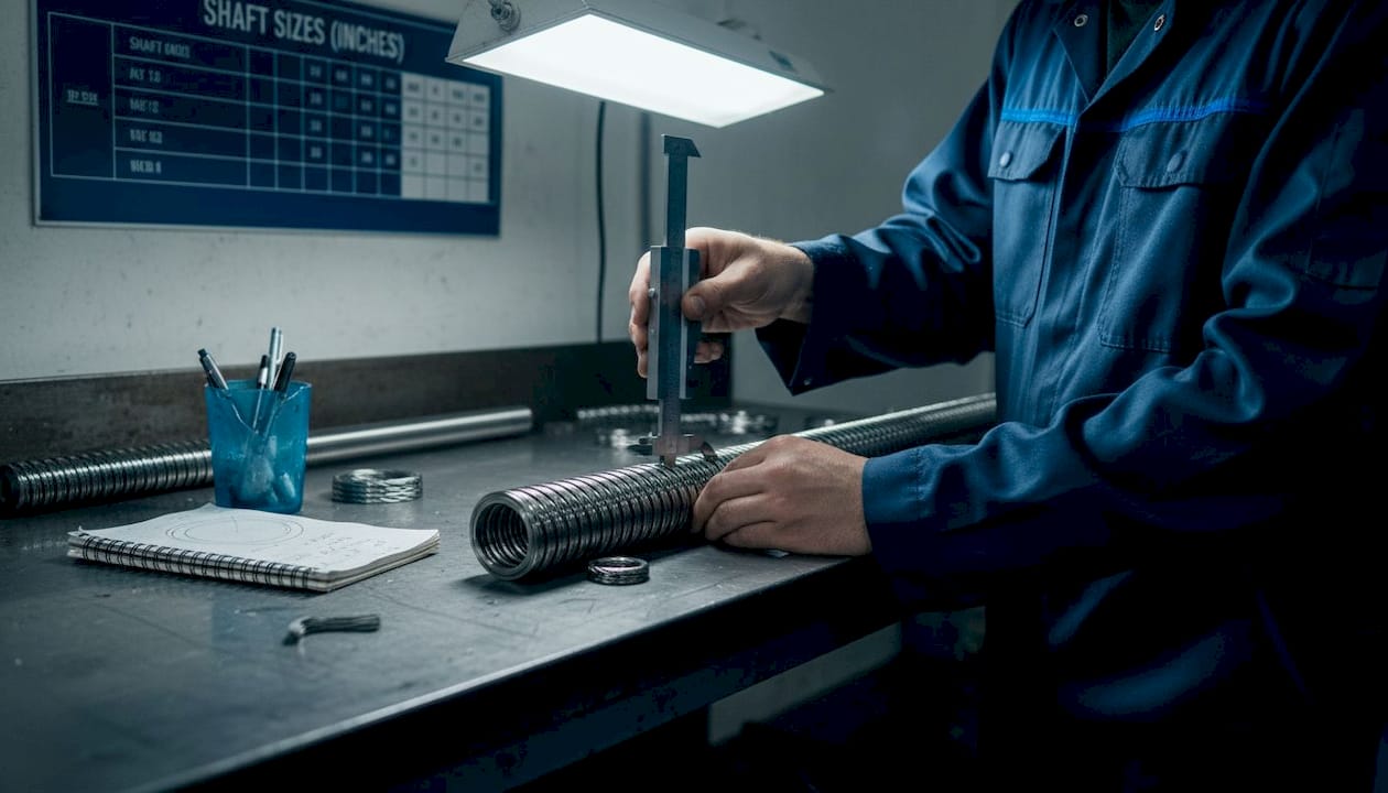 Technician measuring shaft diameter in workshop
