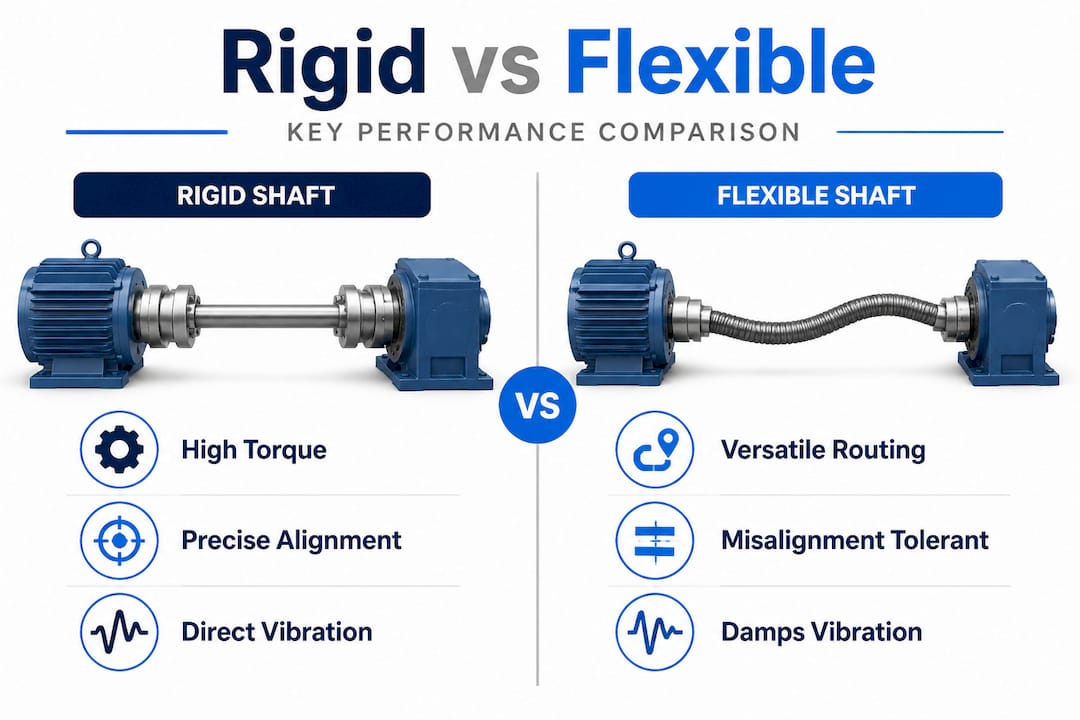 Split infographic comparing rigid and flexible shaft attributes