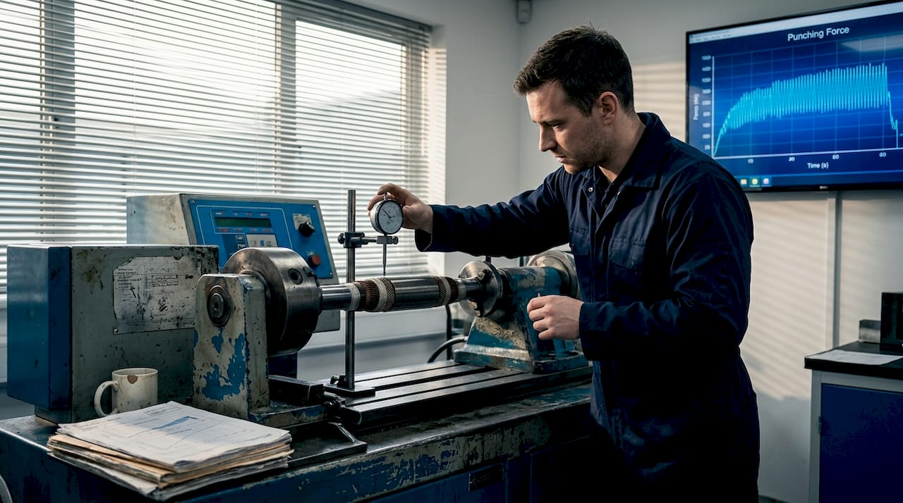 Technician adjusts shaft stress test rig