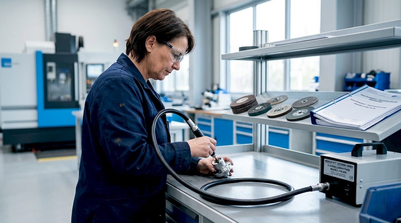 In der Fertigungshalle arbeitet ein Techniker mit einem biegsamen Wellenwerkzeug.
