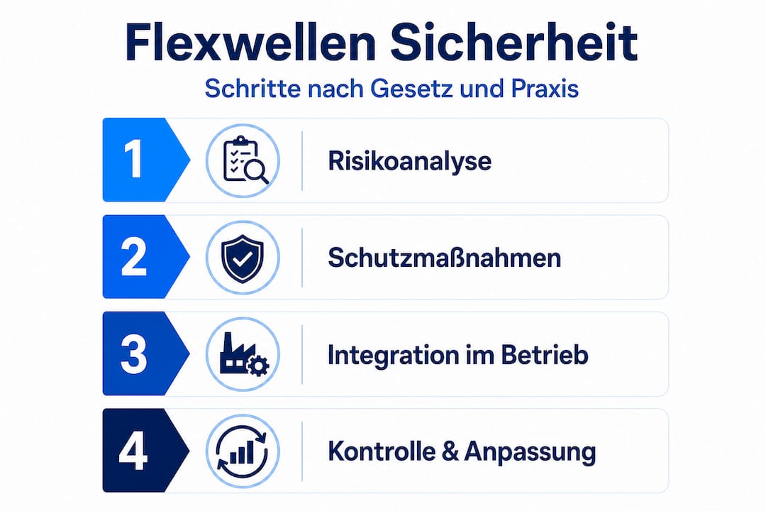 Die Infografik veranschaulicht die wichtigsten Sicherheitsmaßnahmen beim Umgang mit Flexwellen.