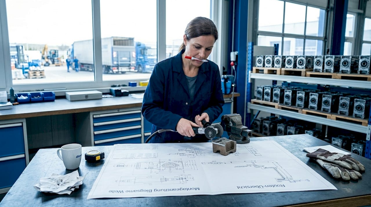 Eine Ingenieurin begutachtet die Konstruktionszeichnung einer Antriebslösung.