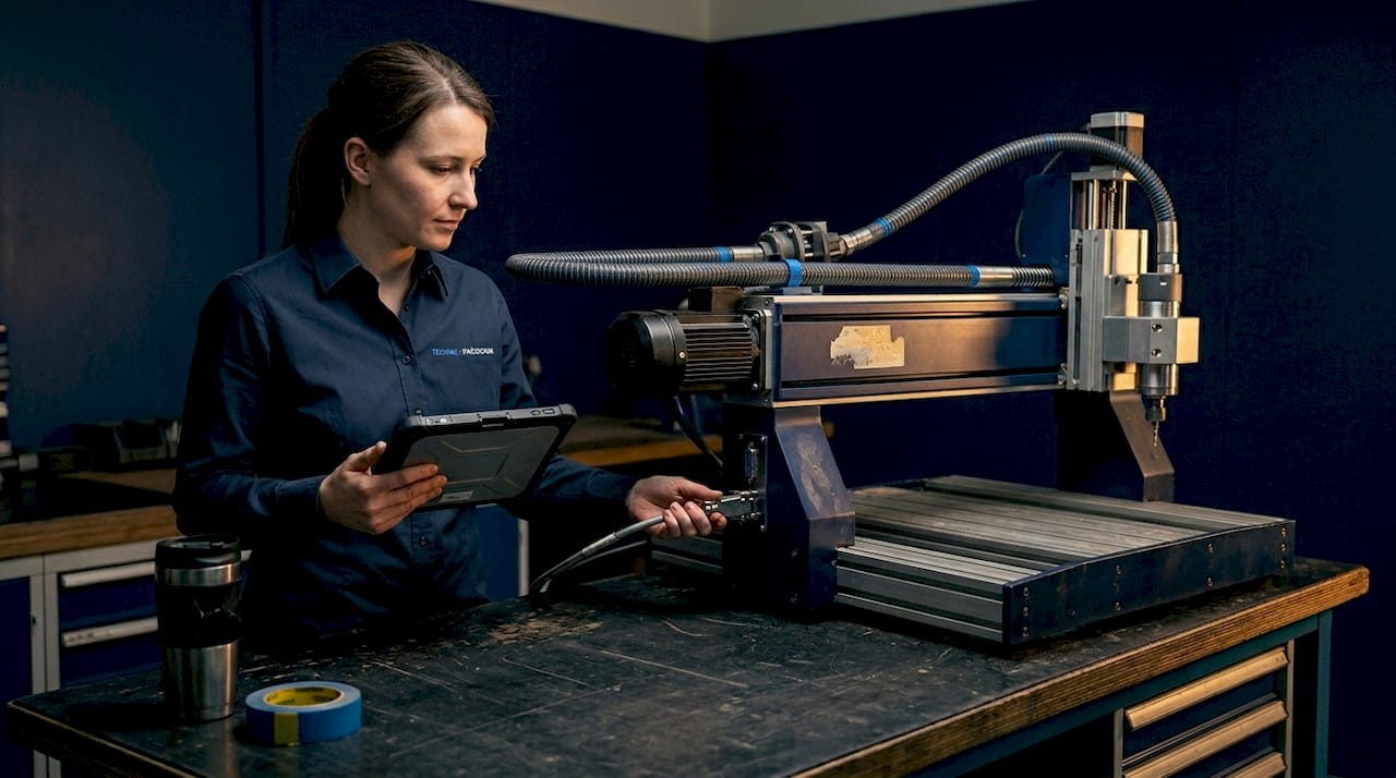 Ein Servicetechniker nimmt die Feinjustierung eines modular aufgebauten XY-Servoantriebs vor.
