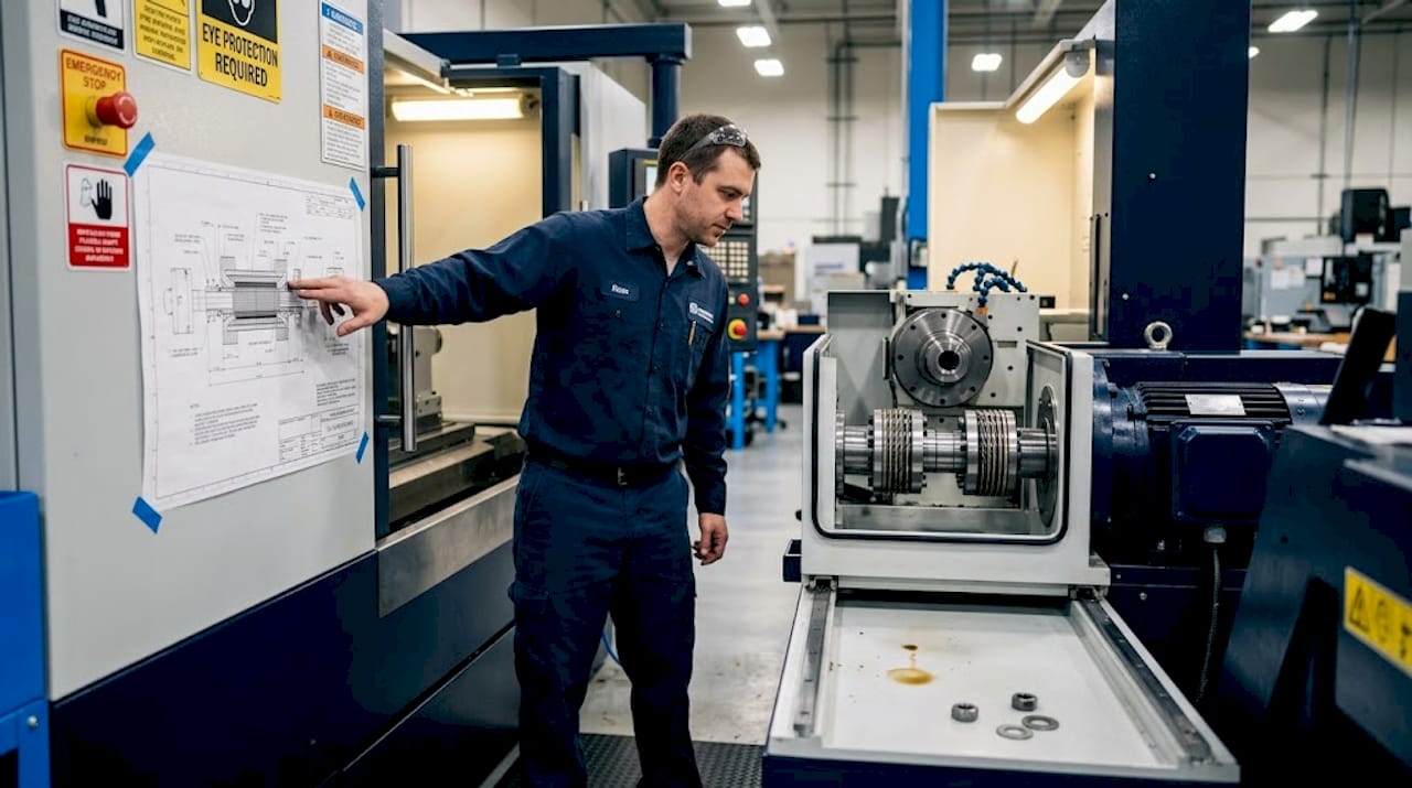 Technician reviewing drivetrain layout in shop
